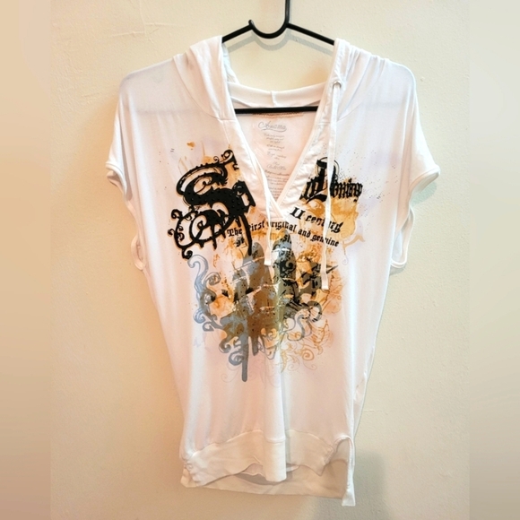 Anama Tops - Anama Vintage Graphic T-shirt with Hood‎ Punk Goth Rock summer beach